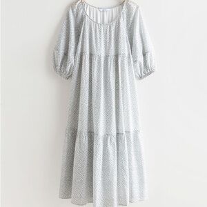 & Other Stories Size 6 White Wide Tiered Midi Long Sleeve Floral Blue Dress